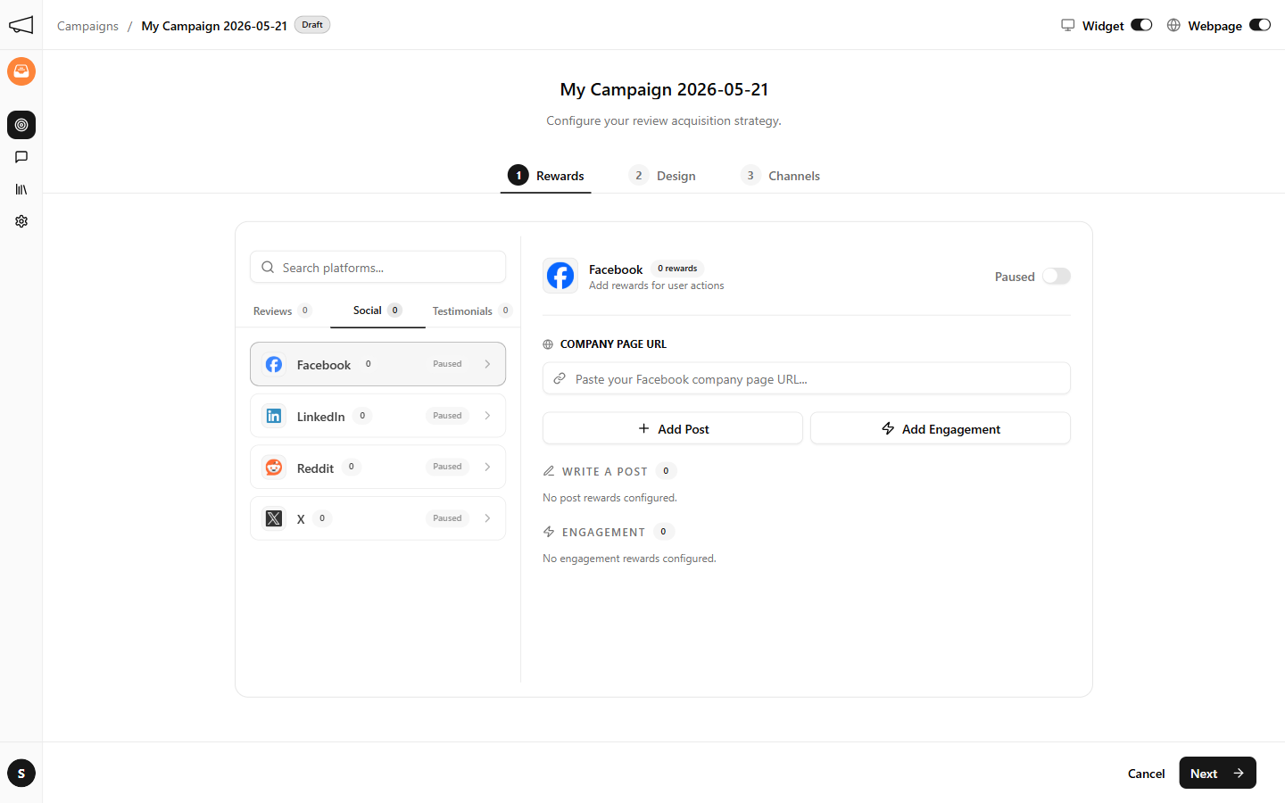 Social campaign setup with supported platforms and campaign steps