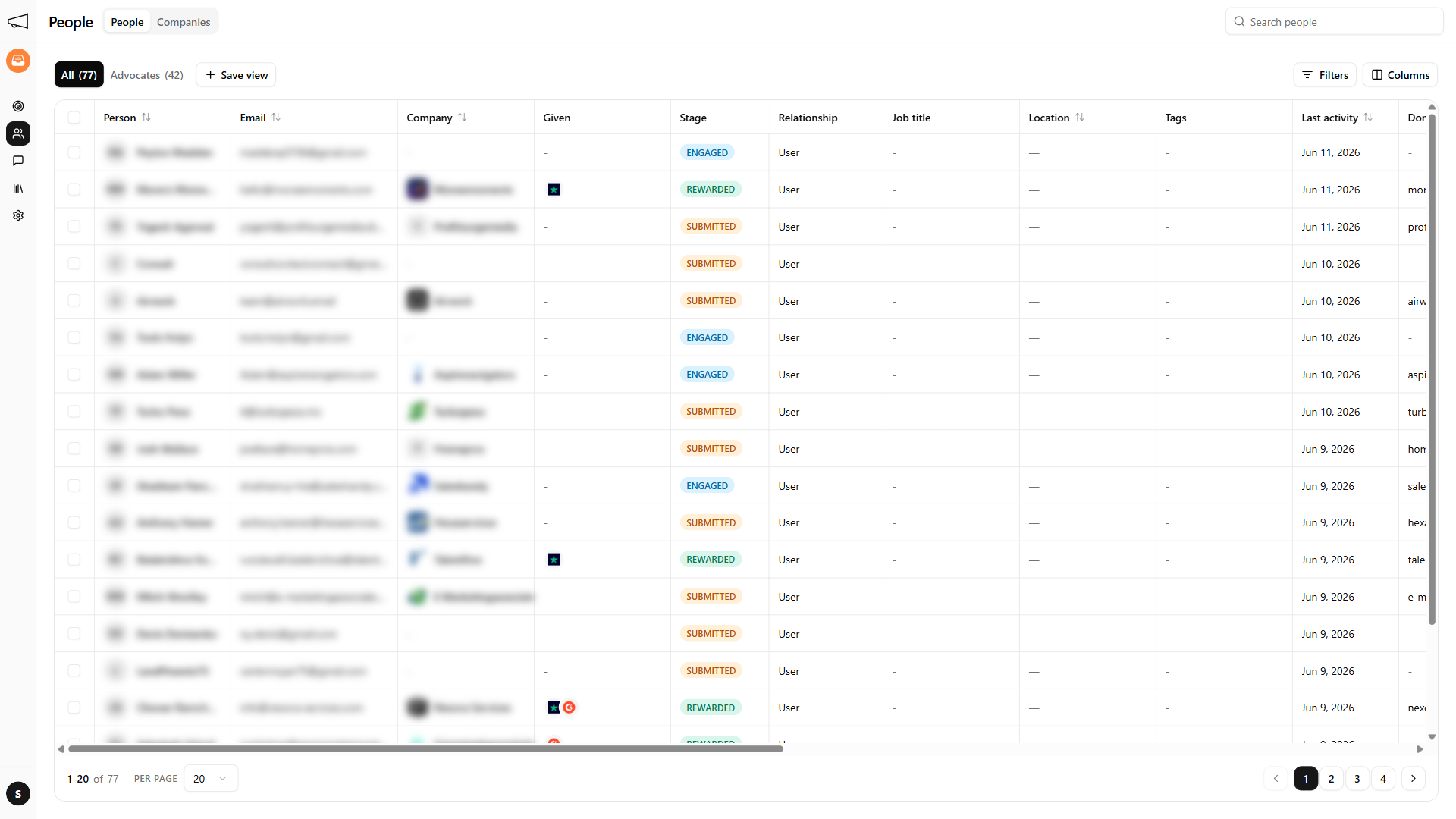 People workspace with filters, columns, and bulk selection
