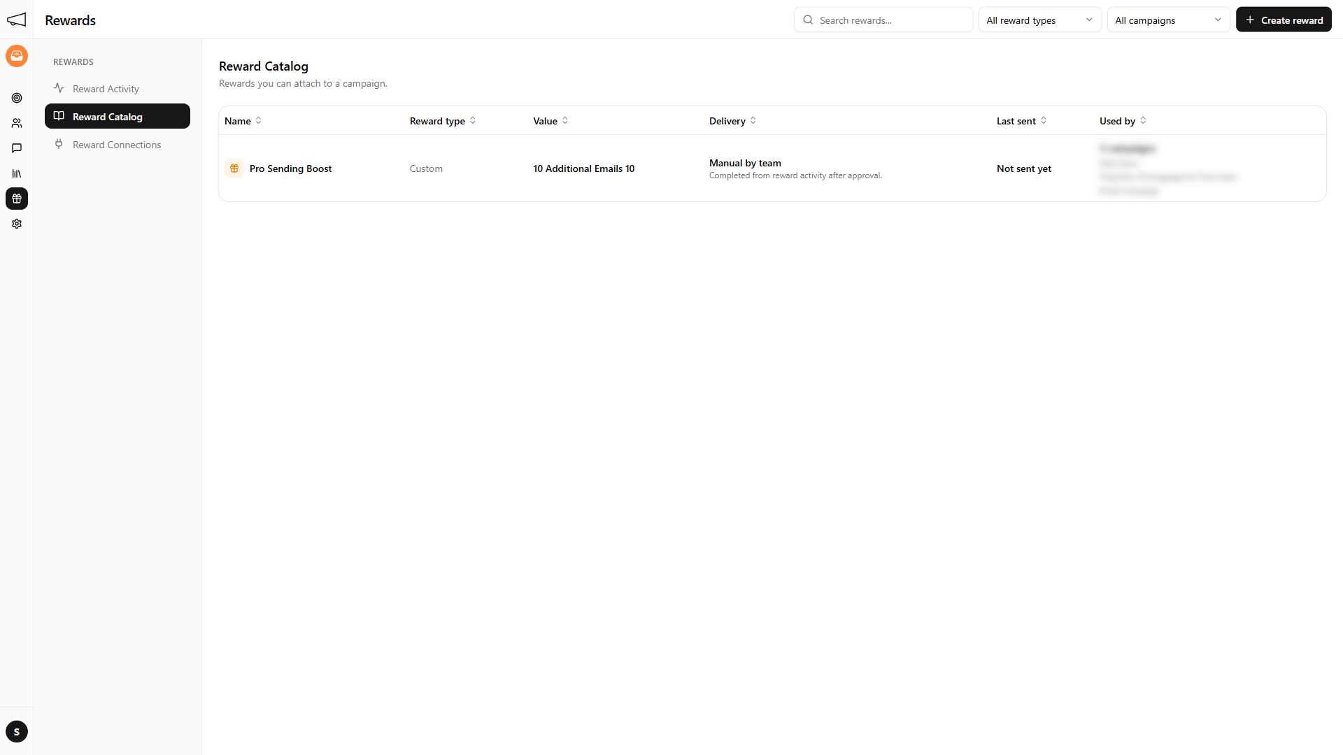 Reward Catalog with reusable rewards, delivery, and campaign usage