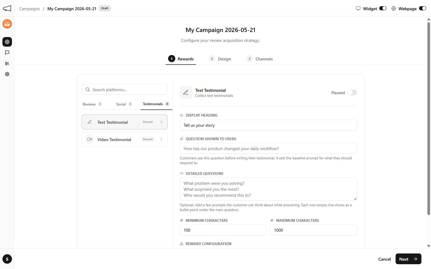 Text testimonial setup with prompts, response rules, and reward configuration