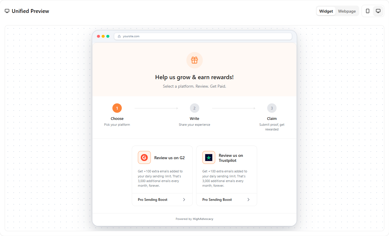 Preview of a HighAdvocacy campaign widget and hosted webpage